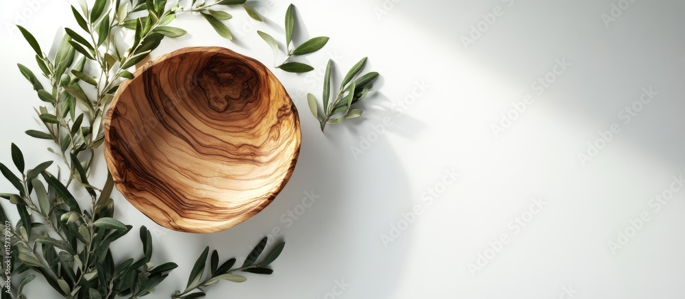 Poster handcrafted wooden olive tree bowl showcasing unique grain patterns with empty space for text on a c