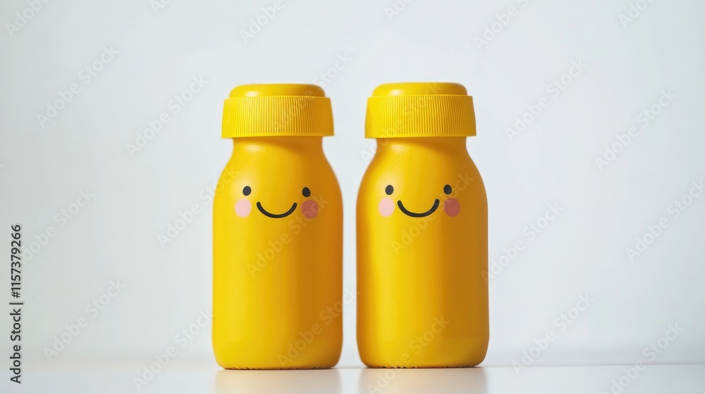 Poster yellow bottles with smiling faces showcasing a playful interaction on a minimalistic white backgroun
