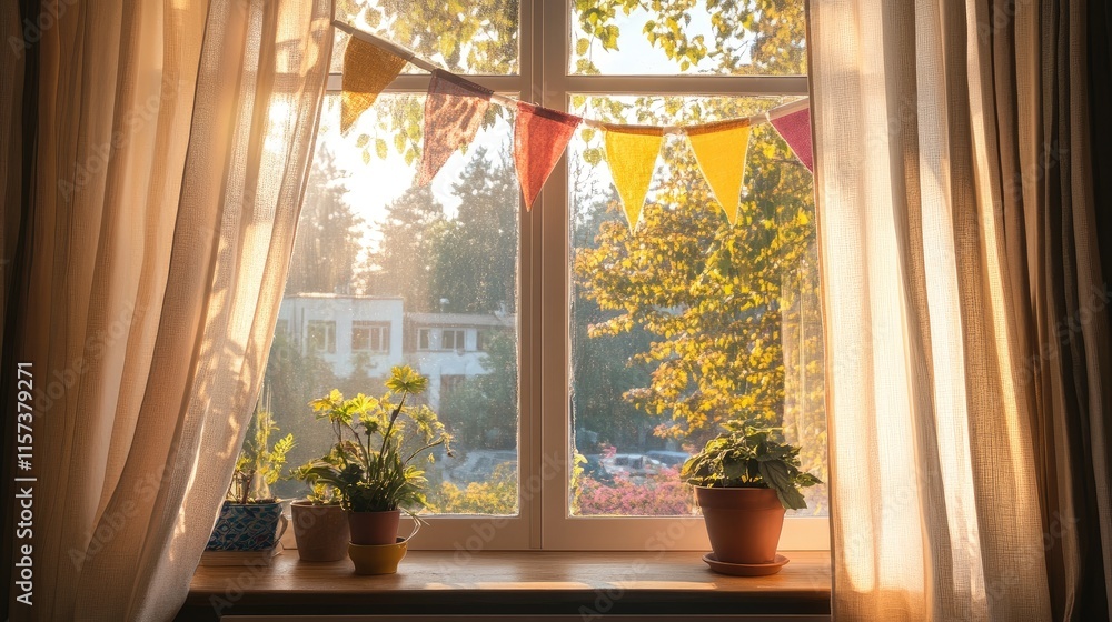 Poster cozy room atmosphere with open window sheer curtains and sunny flags creating a warm daylight ambian