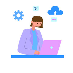 businesswoman working on laptop with cloud computing, security, and network connection icons flat vector illustration