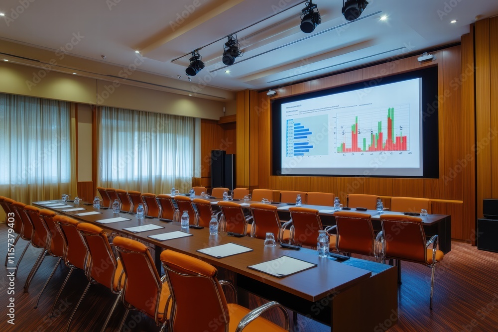 Poster meeting room set up for a presentation with graphs and statistics