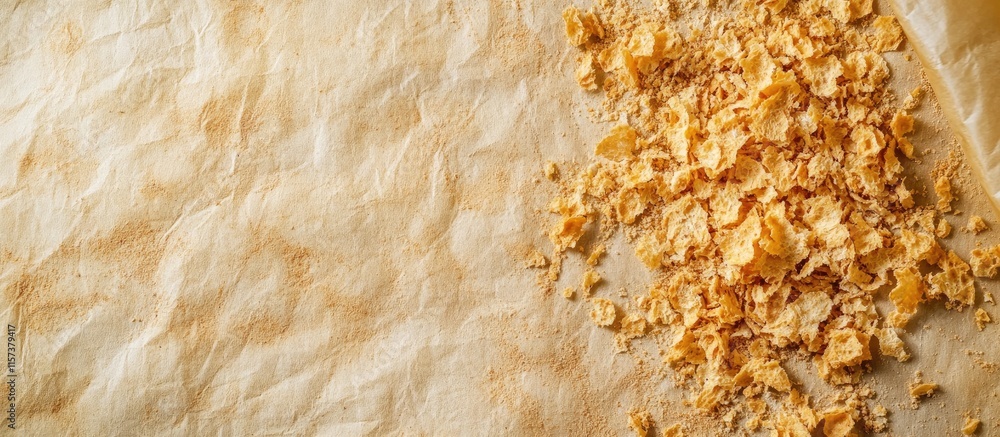 Poster handful of golden breadcrumbs on textured paper with ample blank space for creative text or culinary