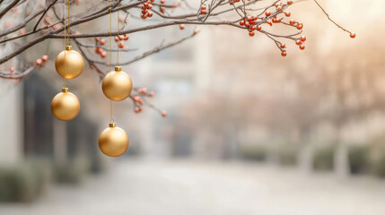 Golden ornaments hanging on tree branch