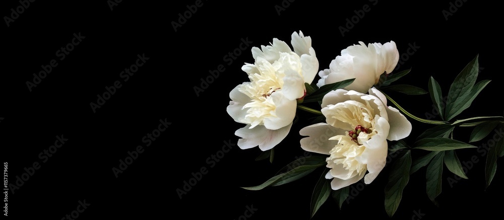 Aufkleber elegant white peonies on a black background with ample space for personalized text or branding overl