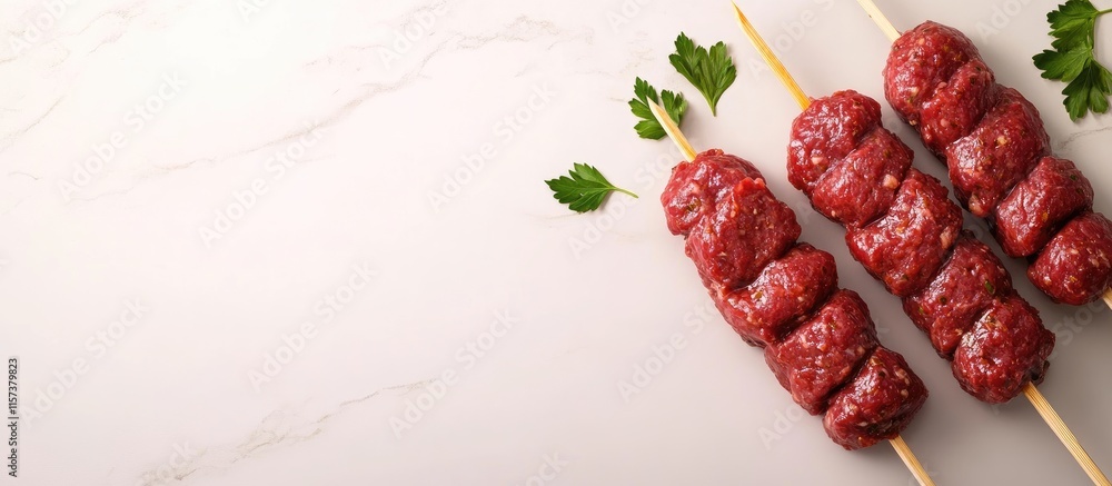 Poster handheld shot of uncooked beef kebabs arranged on skewers with fresh herbs and a blank space for tex