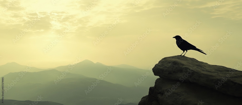 Poster a serene silhouette of a bird on a rock against a breathtaking landscape with soft light and ample e