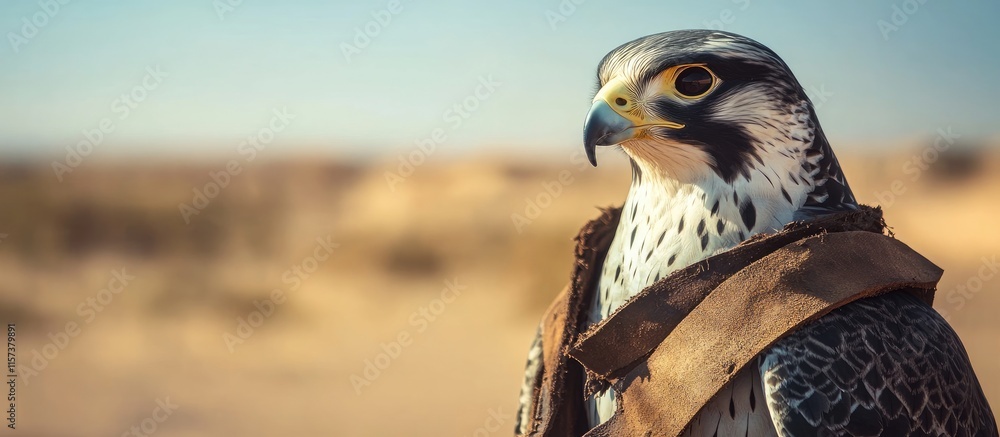 Poster peregrine falcon effigy in leather hood against a blurred desert backdrop with ample space for addin