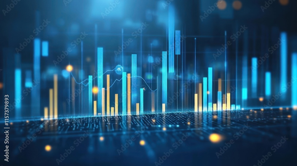 Poster dynamic financial data visualization blue glowing bars chart network