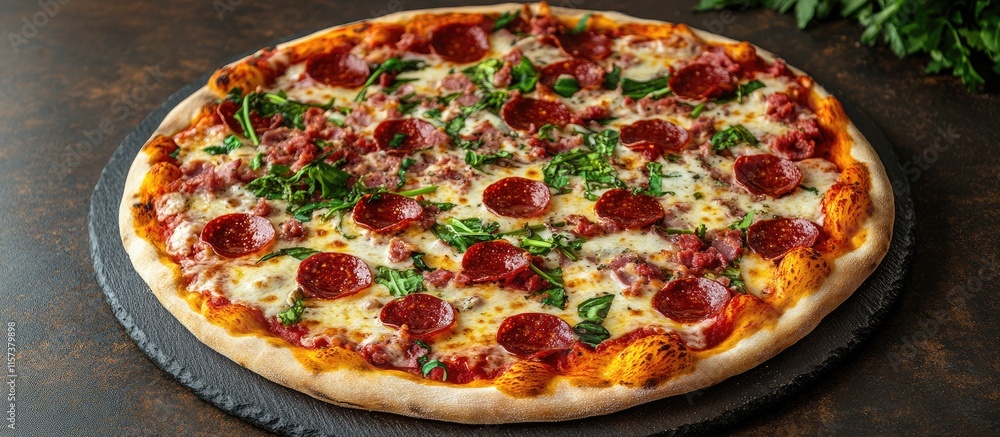 Poster pepperoni and capicola pizza with cheese and pimiento bell pepper on rustic stone background with em