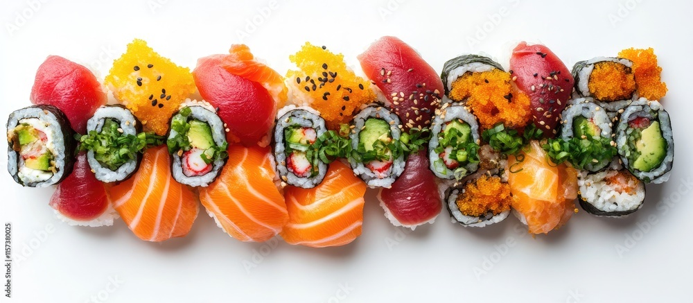 Poster sushi platter beautifully displayed on a white surface with ample negative space for text or design 
