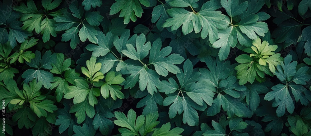 Poster lush green leaves on forest floor with natural texture and copy space for text in botanical spring t
