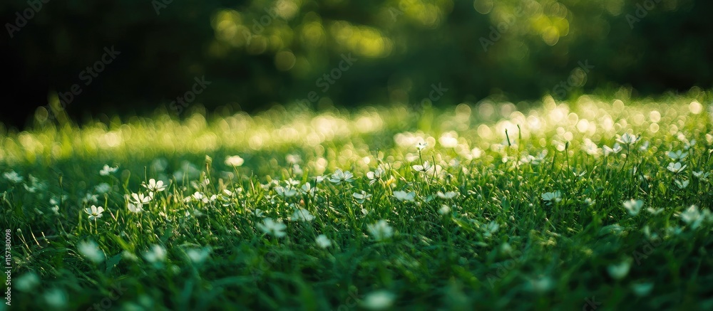 Poster abstract spring scene with green bokeh background and soft flower accents ideal for text overlay and