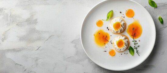 Gourmet Round Dumplings Served with Sauce and Fresh Herbs on Elegant Plate with Space for Customizable Text