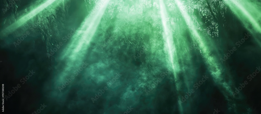 Poster green light rays penetrating a mystical forest with ample space for text and design elements