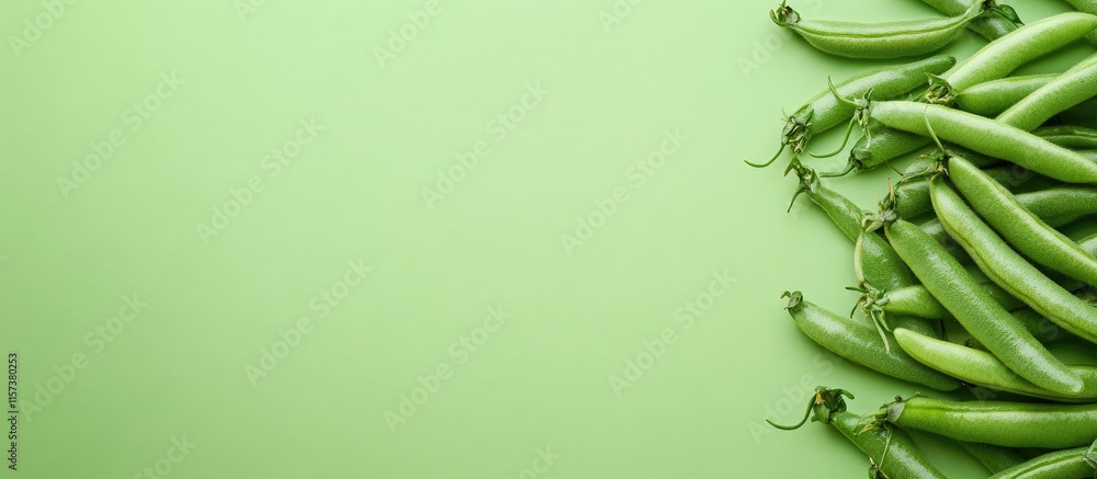 Poster fresh green beans on a vibrant green background showcasing sprouting growth with ample space for tex