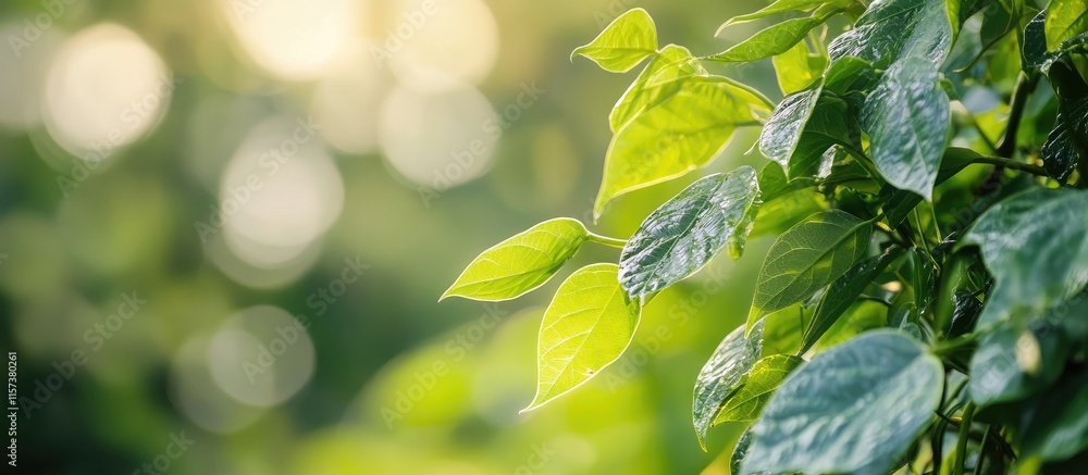 Poster green bean farming plantation lush green leaves with soft bokeh background and ample copy space for 