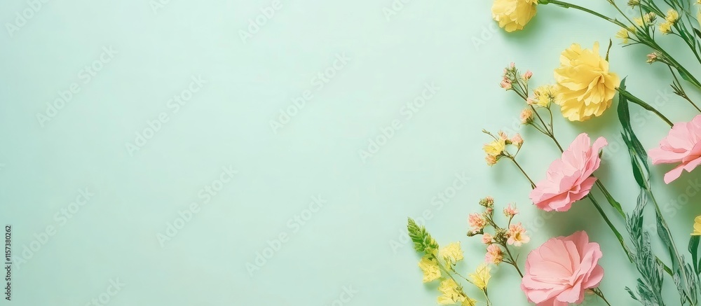 Poster pastel pink and yellow floral arrangement on soft green background with empty space for text and des