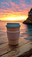 A tumbler with cap stands on an old wooden table in the morning.