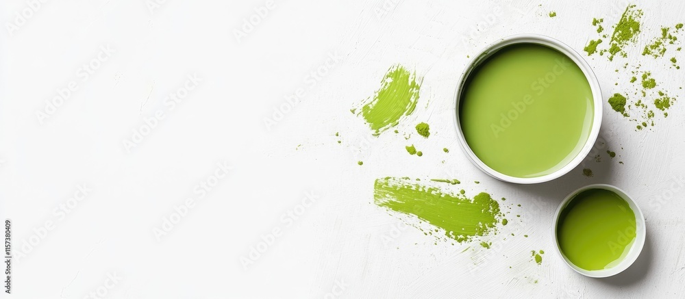 Poster avocado color paint containers and swatches with splashes on a white background offering empty space