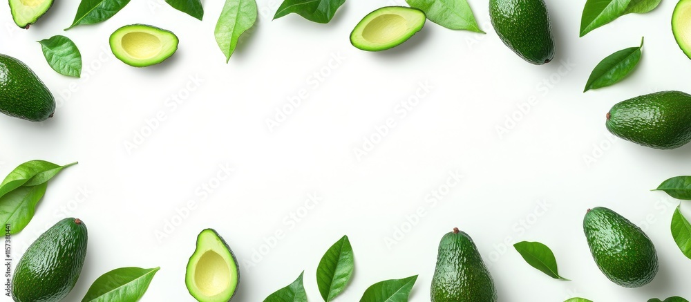 Aufkleber fresh green avocados and halves with leaves arranged on a white background creating a natural frame 