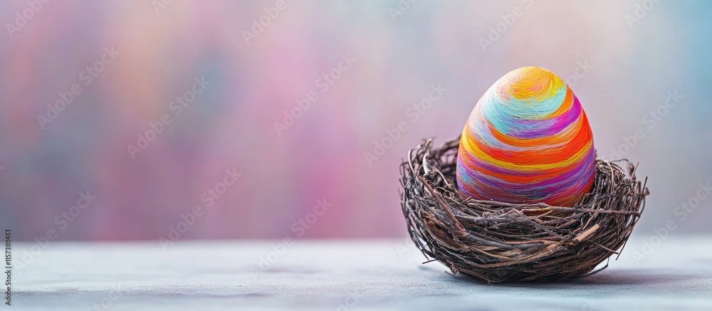 Poster brightly colored handmade egg nestled in a natural nest with soft background and space for custom te