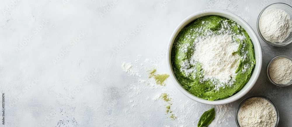 Poster green batter dough in bowl with flour and milk on a rustic countertop with empty space for culinary 