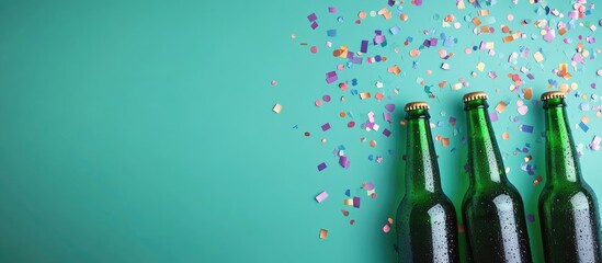 Festive green beer bottles surrounded by colorful confetti on a vibrant background ideal for celebration themed advertising and text placement