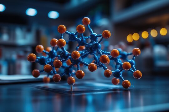 Molecular model of a protein being studied in a modern laboratory setting