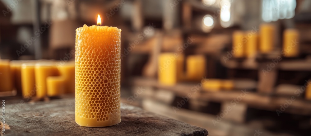 Poster handcrafted beeswax candles in rustic workshop setting with natural lighting and empty space for cus