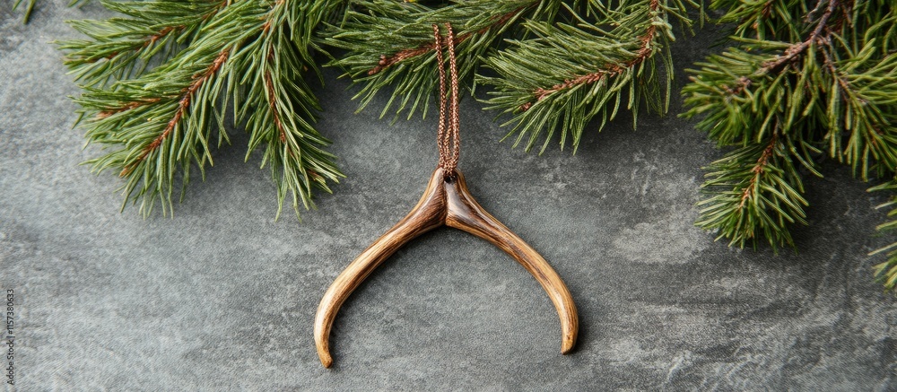 Poster handcrafted wishbone christmas ornament hanging on evergreen branch with natural background and spac