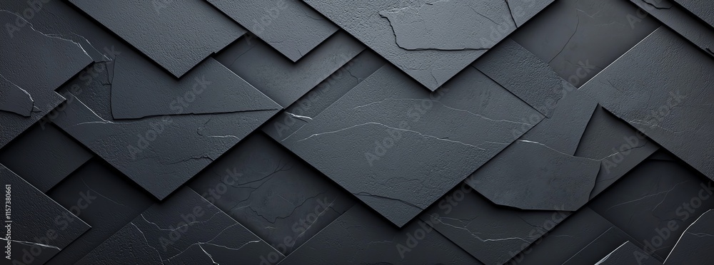 Poster abstract dark geometric pattern of overlapping black tiles with subtle textures and shadows, creatin