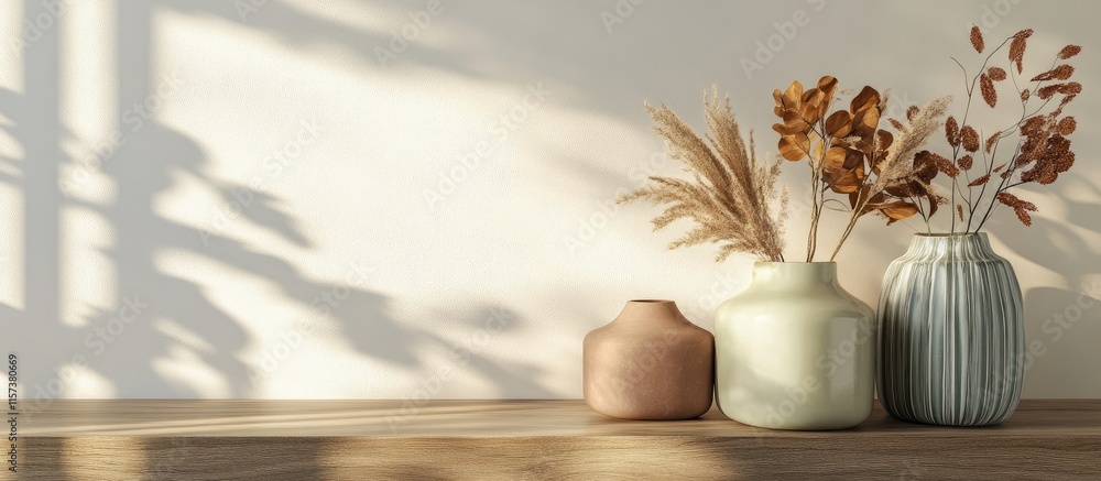 Poster handcrafted vases on wooden table with warm lighting and empty space for customizable text in cozy h