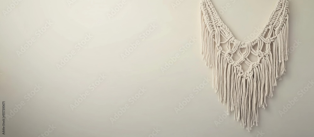 Poster elegant handcrafted macrame wall art on a light background with ample empty space for customized tex