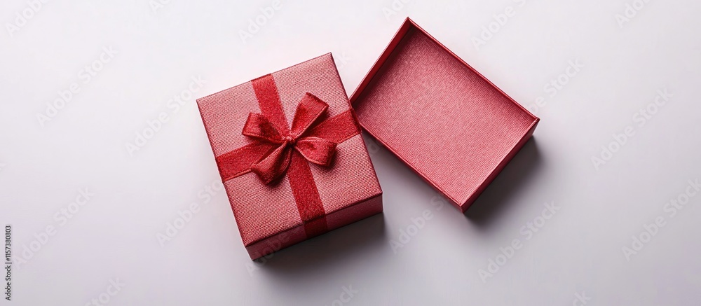 Poster handmade red christmas gift box on white background with bow empty space for holiday greeting card a