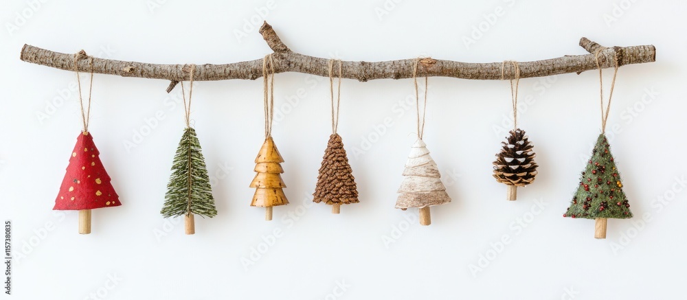 Poster handcrafted eco friendly christmas ornaments on natural branch with empty space for custom text