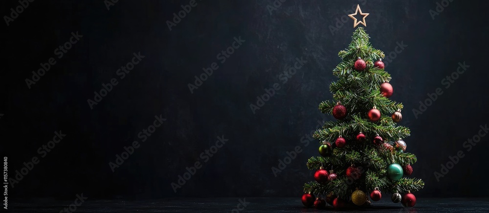 Poster handmade diy christmas tree adorned with decorations on a dark background perfect for a festive gree