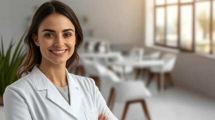 A smiling woman in a white coat stands confidently in a bright, modern office setting, exuding professionalism and approachability.