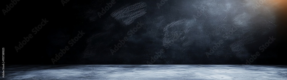 Poster abstract empty dark room with textured walls and flooring, illuminated by subtle warm light from one