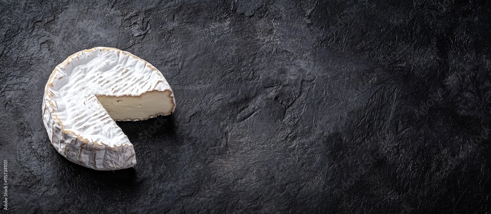Poster artisan goat cheese wedge on dark textured backdrop with ample negative space for creative text or b