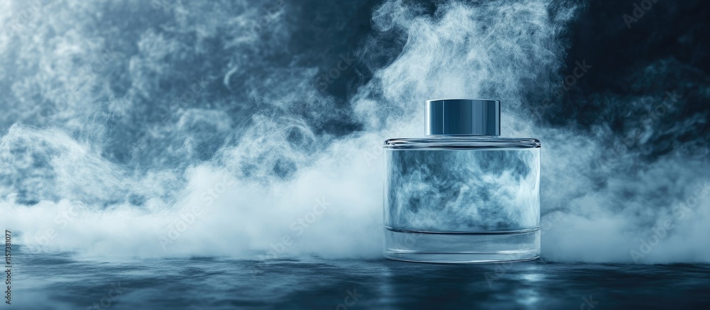 Poster modern transparent container with vapor in ethereal space for branding and text placement