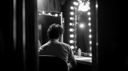 Black and White Backstage Scene of Performer at Dressing Room Mirror