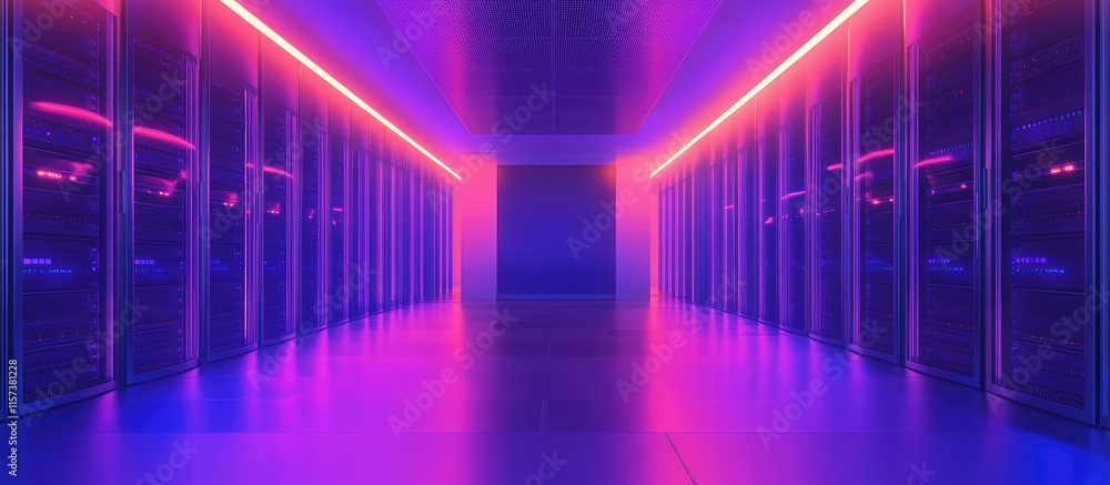 Poster futuristic computer server room with vibrant neon lighting and space for customizable text in a prof