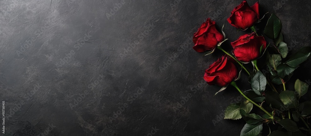 Poster elegant overhead view of a lush bouquet of red roses on a dark textured background with ample blank 