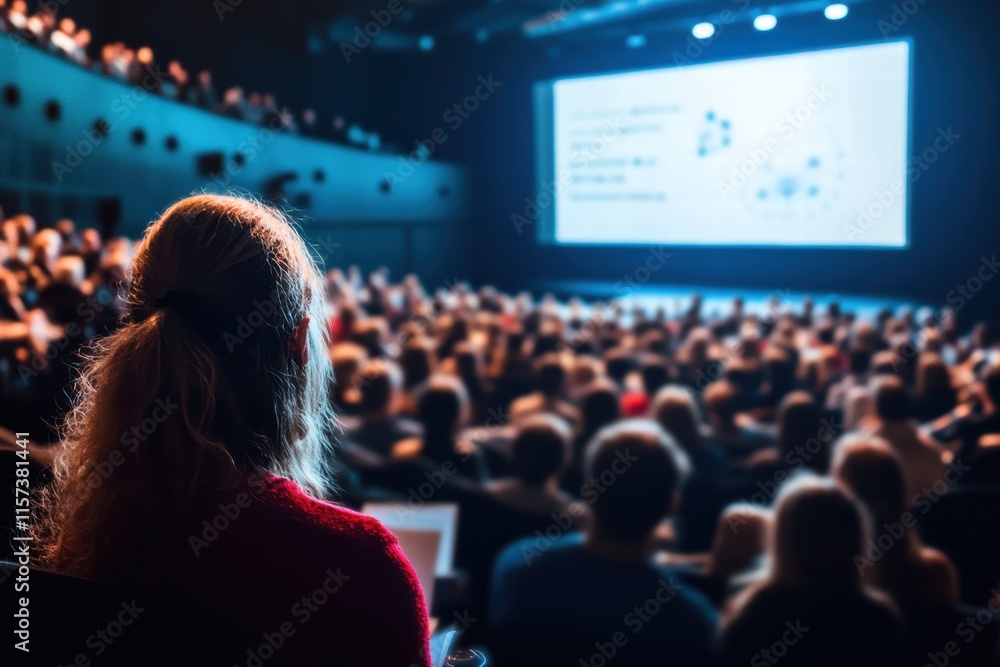 Poster engaging science lecture captivates large audience in auditorium setting