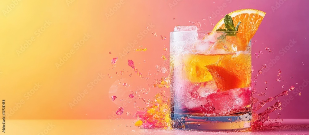 Poster cocktail highball glass with orange garnish and colorful splash on vibrant background with empty tex