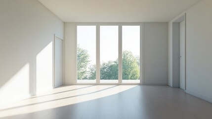 Bright minimalist home workspace with large windows offering natural light and serene outdoor views, ideal for productivity and inspiration.