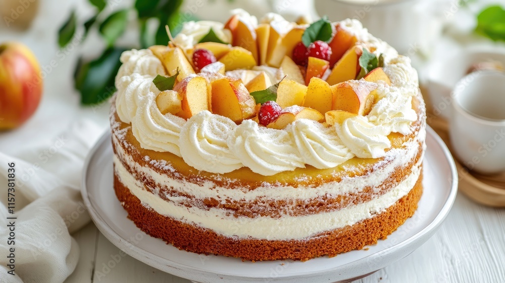 Poster homemade apple cake with whipped cream and fresh fruit garnish on a rustic table setting