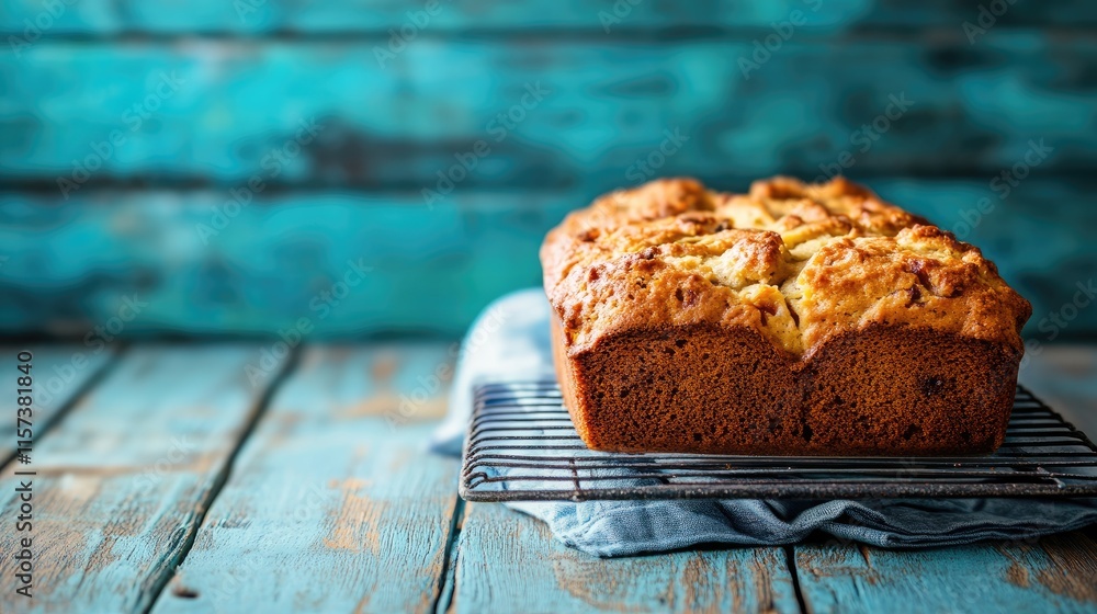 Aufkleber homemade apple cake on cooling rack with vibrant rustic backdrop and ample space for text or brandin