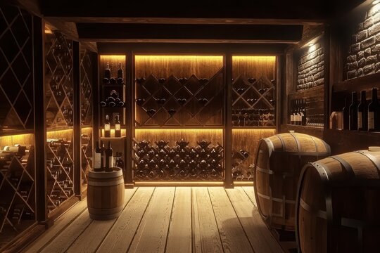 Elegant wine cellar filled with wooden barrels illuminated by warm lighting in a rustic setting.