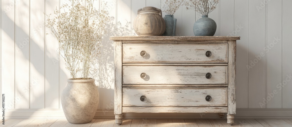 Poster rustic handmade chest of drawers in shabby chic style featuring empty space for customization and el